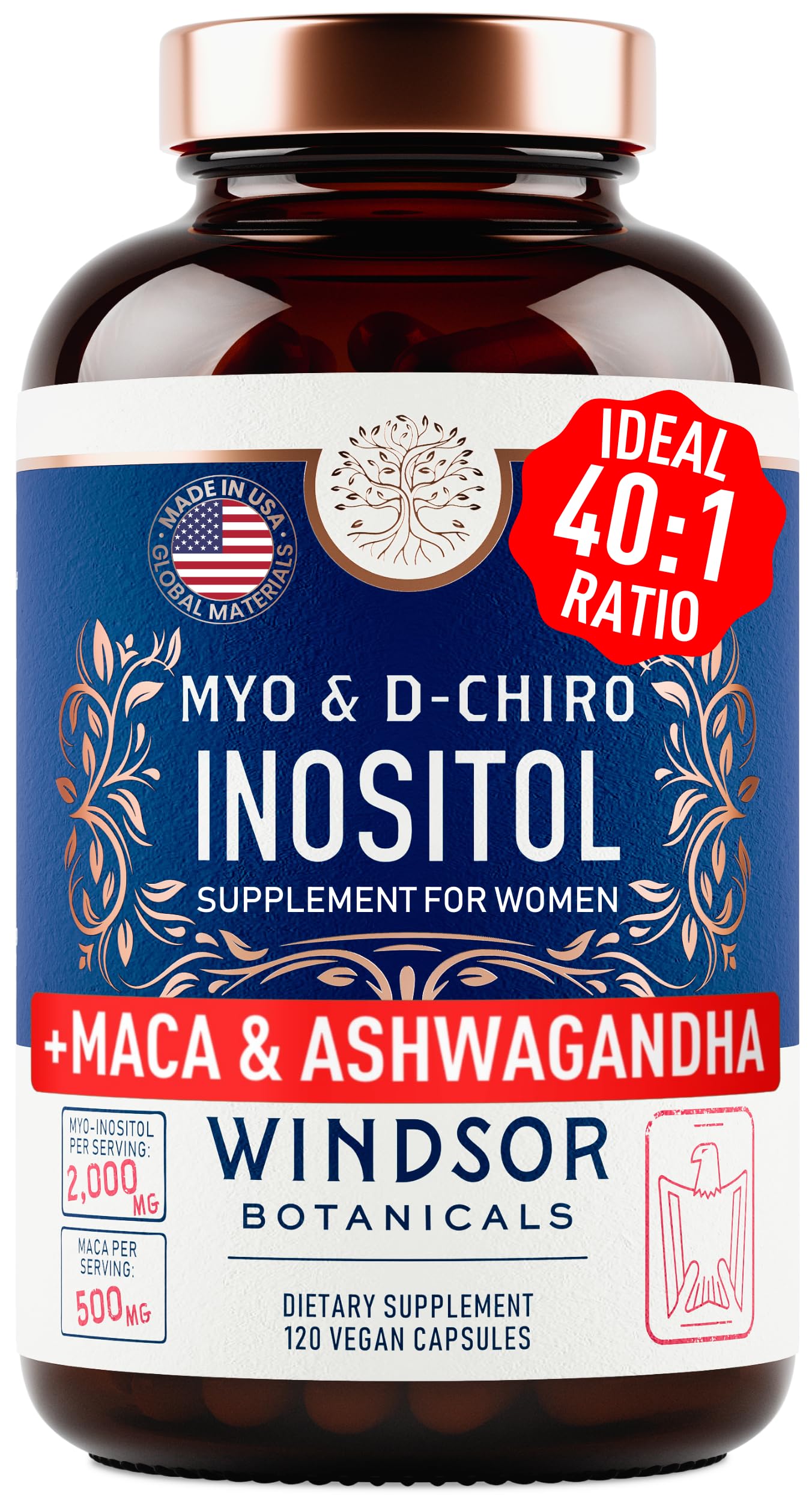 Myo-Inositol & D-Chiro Inositol 40:1 Ratio 2,000 mg - PCOS Supplements with Maca Root & Ashwagandha - Ovarian Health Support Vitamins - Hormone & Fertility Supplements for Women - 120 Vegan Caps WINDSOR BOTANICALSBuy Supplements Australia