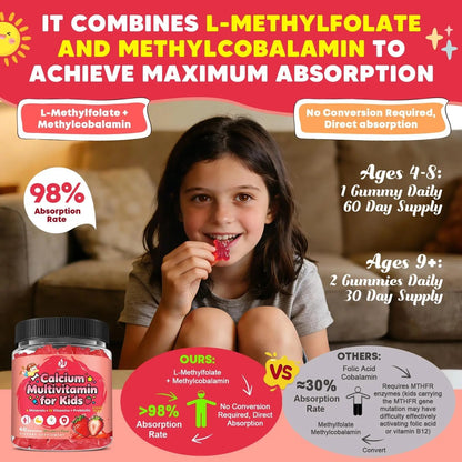 (2 Pack) Sugar Free Calcium Multivitamin Gummies for Kids - Nutritional, Immune, Bone Support, Whole Multivitamin, with Vitamins A, C, D, B1, B2, B6 JIANKYTZ