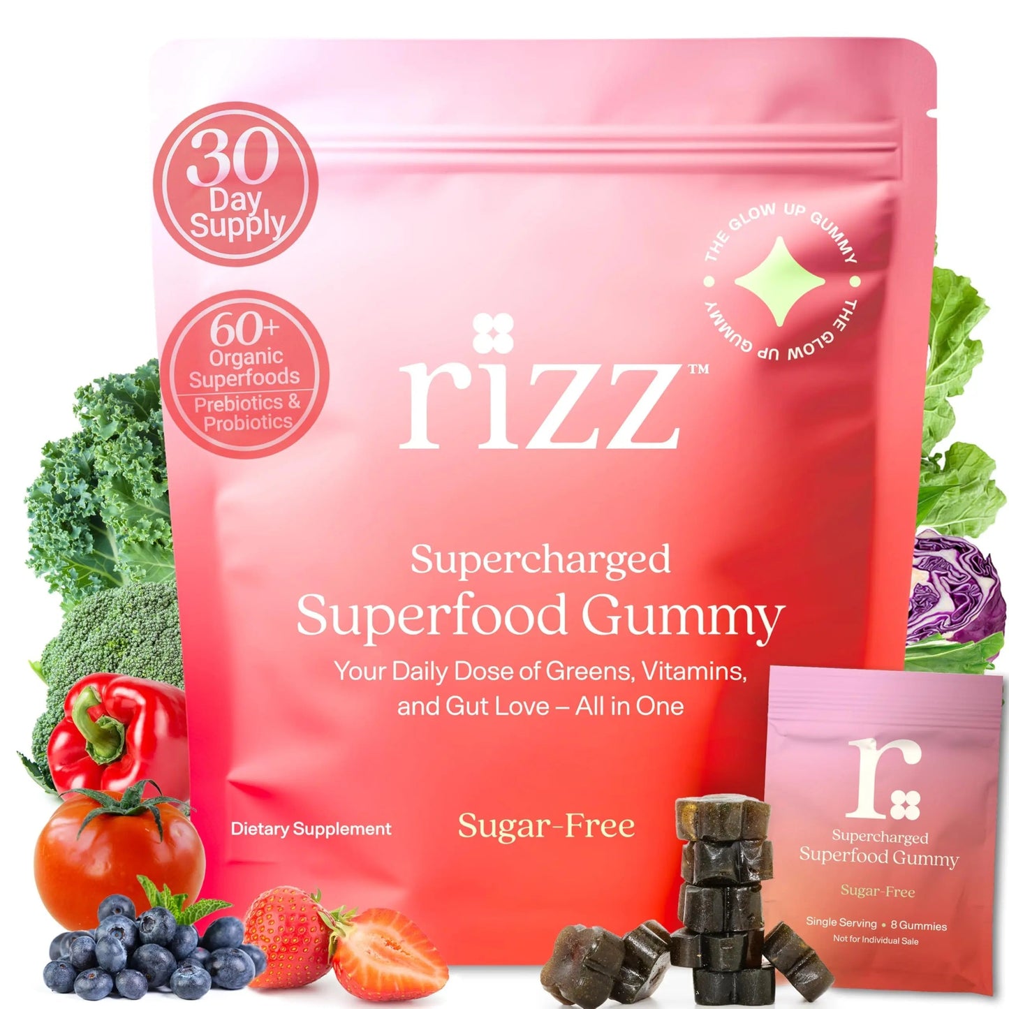 Rizz Sugar-Free Green Gummies - 60+ Superfoods 6g Fiber - Prebiotic and Probiotic Gummies - Vegan Multivitamins for Women & Men Rizz