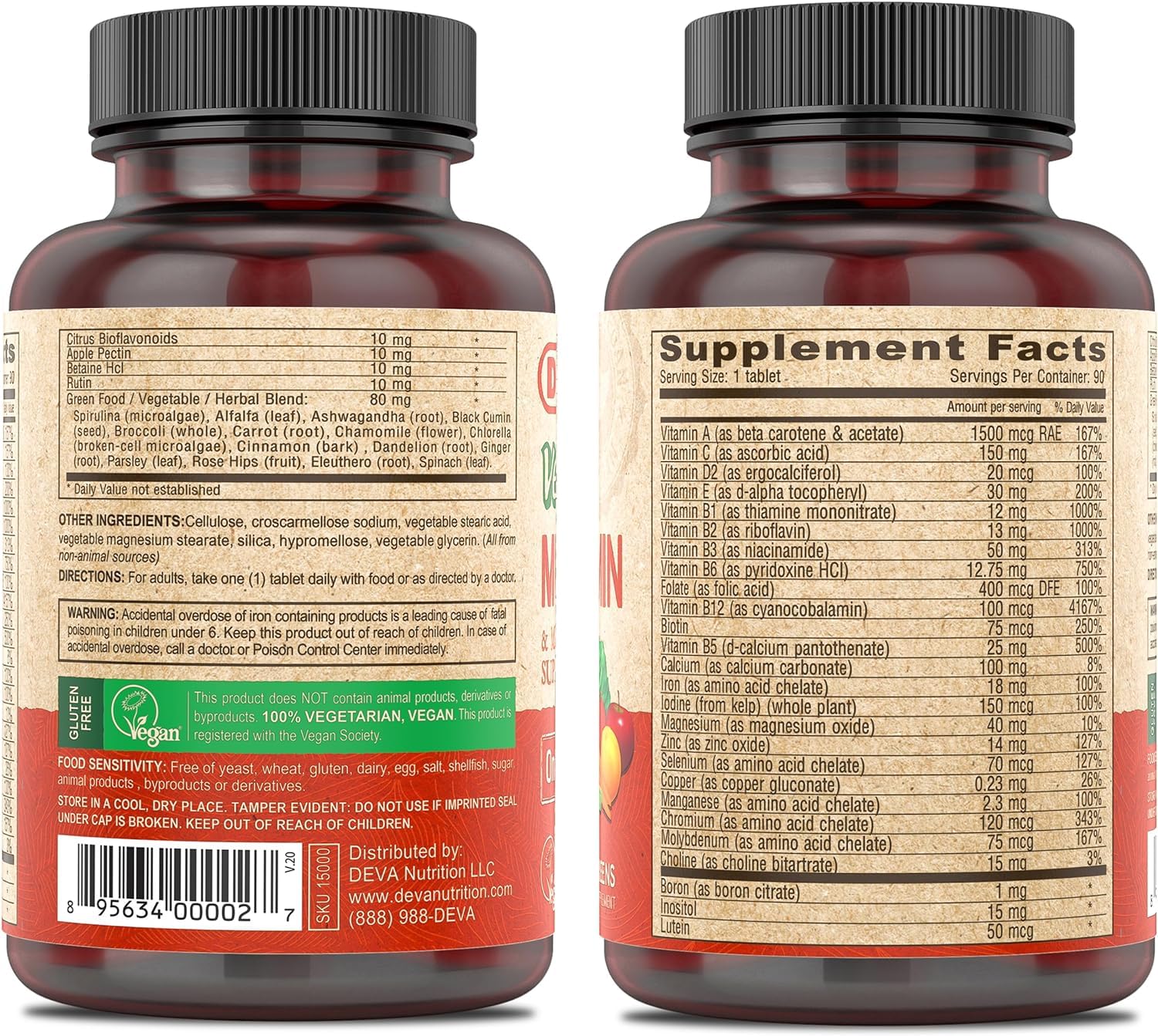 DEVA Vegan Multivitamin & Mineral Supplement with Iron 2-Pack, Spirulina, Chlorella, Ashwagandha, Broccoli & More, 90 Coated Tablets Each DEVABuy Supplements Australia