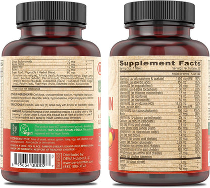 DEVA Vegan Multivitamin & Mineral Supplement with Iron 2-Pack, Spirulina, Chlorella, Ashwagandha, Broccoli & More, 90 Coated Tablets Each DEVABuy Supplements Australia