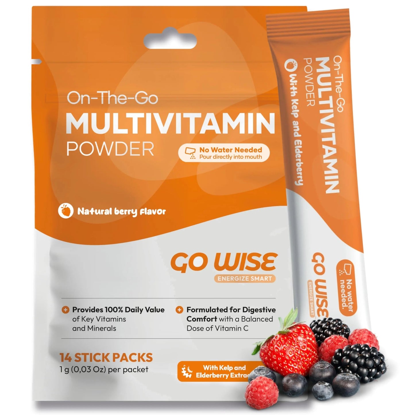 Go Wise On The Go Multivitamin Powder, 14 Vegan Daily Vitamin Packets for Men & Women, Natural Berry Flavor Go Wise