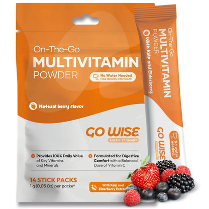 Go Wise On The Go Multivitamin Powder, 14 Vegan Daily Vitamin Packets for Men & Women, Natural Berry Flavor Go Wise