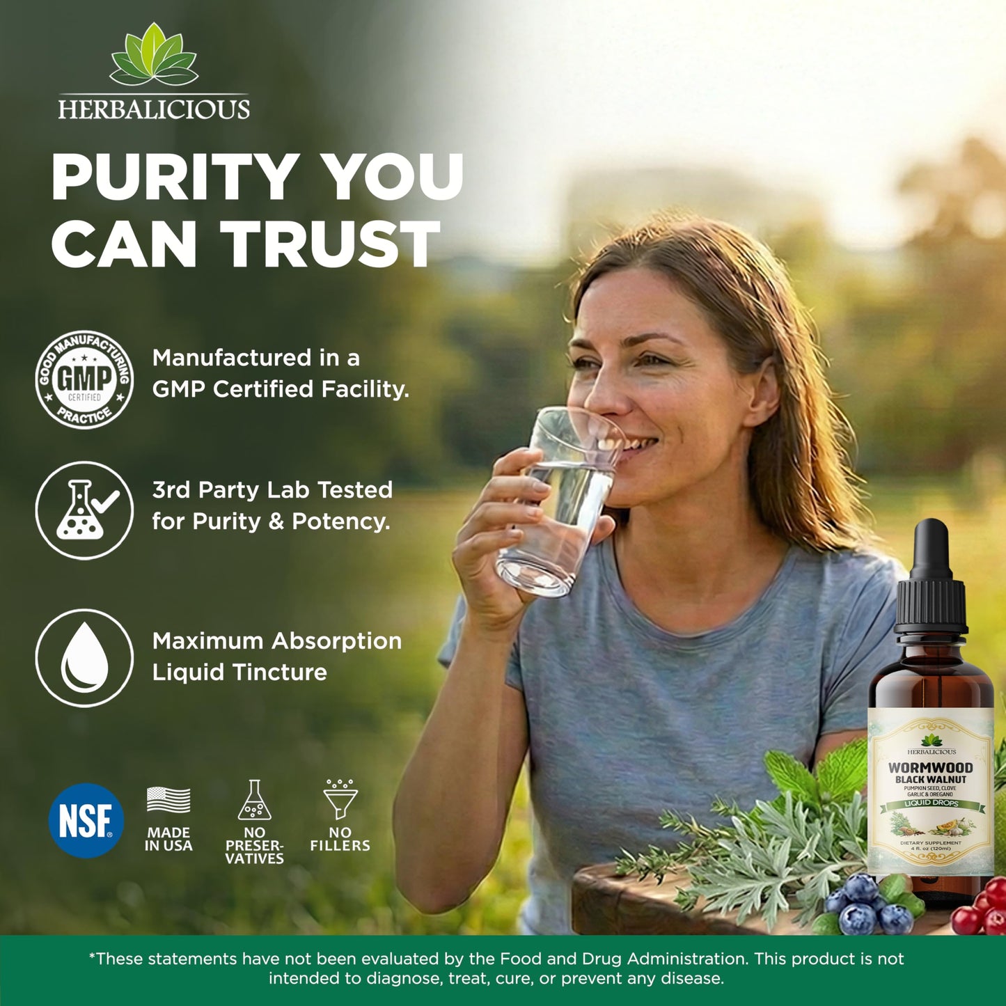 HEBRALICIOUS Wormwood Black Walnut Liquid Drops – Herbal Blend with Pumpkin Seed, Clove, Garlic & Oregano Oil – Alcohol Free Herbal Tincture – Liquid Dietary Supplement, 4 fl oz (120ml) HERBALICIOUSBuy Supplements Australia