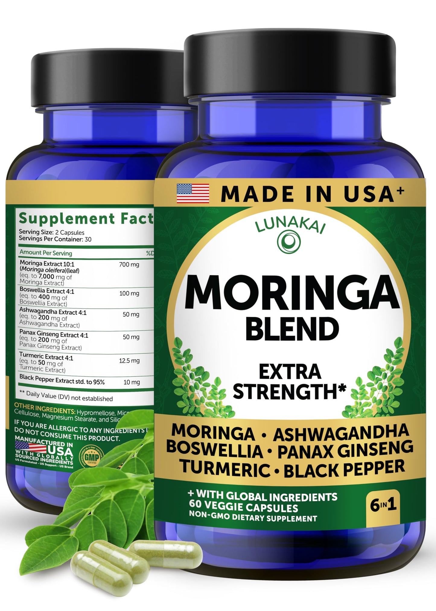 Lunakai USA Made Pure Moringa Capsules – Advanced Moringa Leaf Extract Supplement with Ashwagandha, Boswellia
