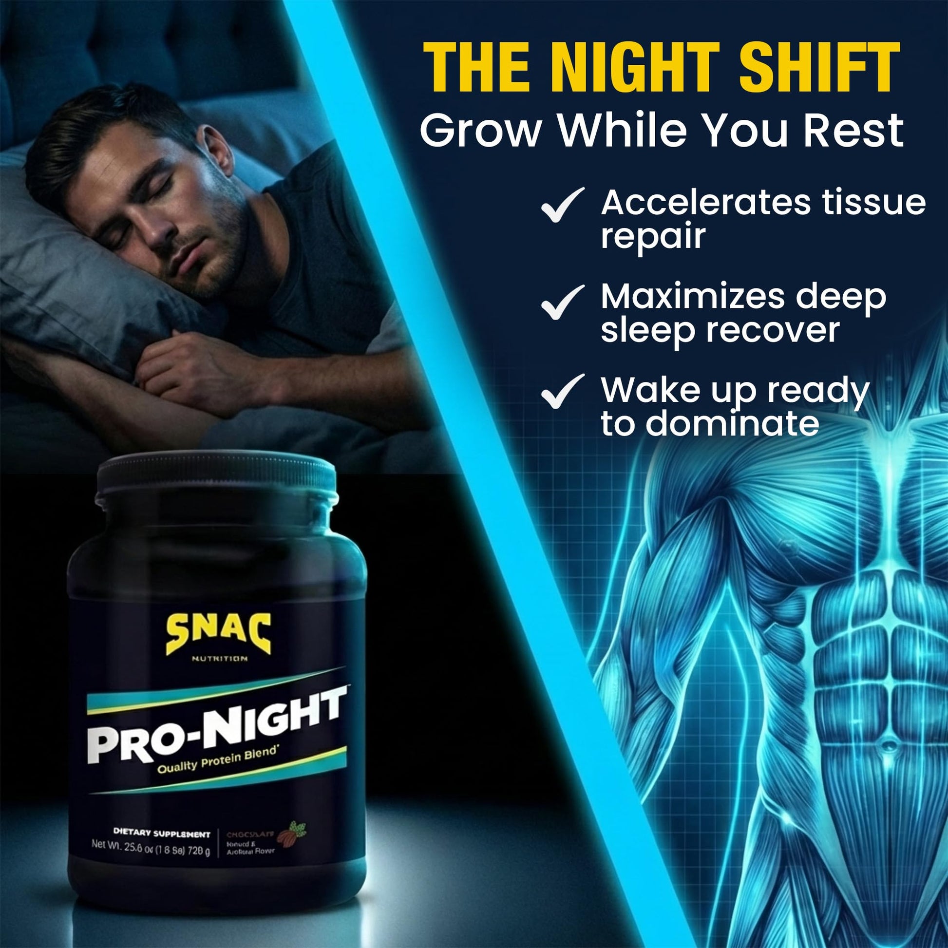 SNAC Pro-Night Protein Powder Blend - Quality Protein Powder for Men and Women, Nighttime Recovery, High Protein Supplement, Supports Muscle Repair, 26g Protein per Serving, Chocolate Flavor, 1.6 lbs SNACBuy Supplements Australia