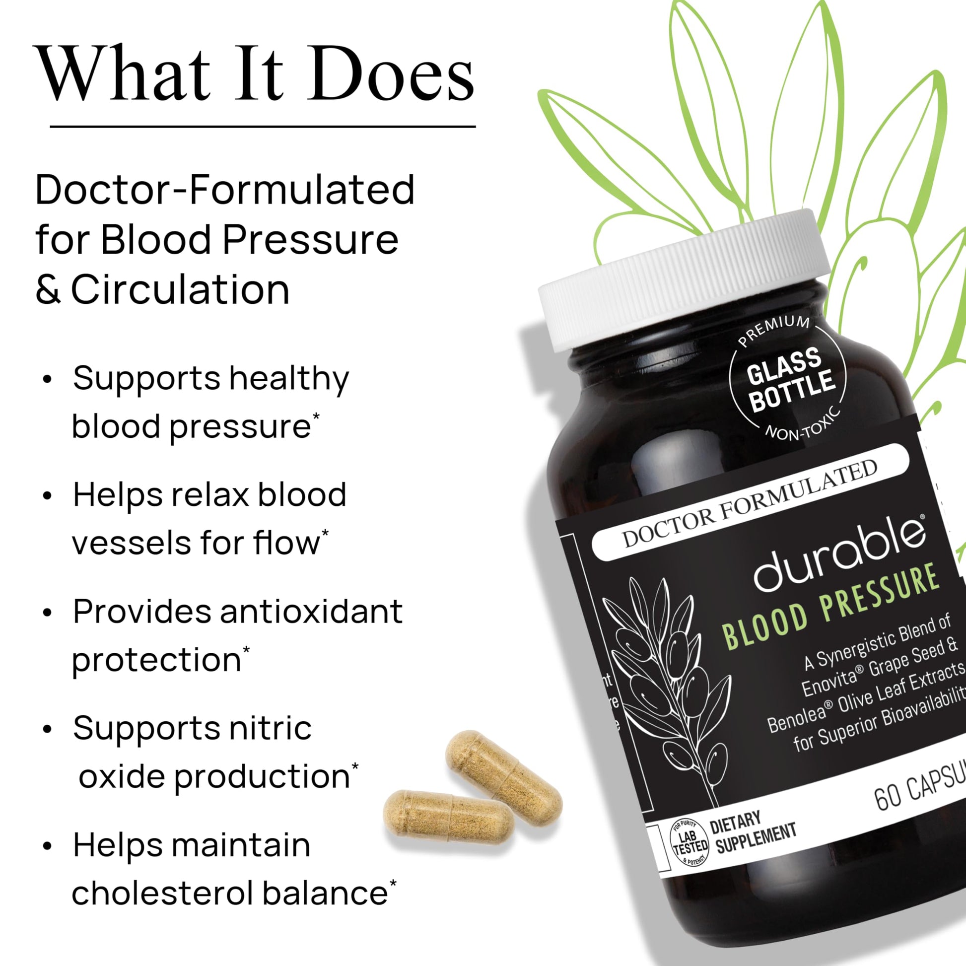 Durable Blood Pressure – Benolea Olive Leaf & Enovita Grape Seed Extract – Healthy Circulation, Nitric Oxide & Artery Support – Doctor Formulated, Vegan, Non-GMO, Made in USA (60 Capsules) DurableBuy Supplements Australia
