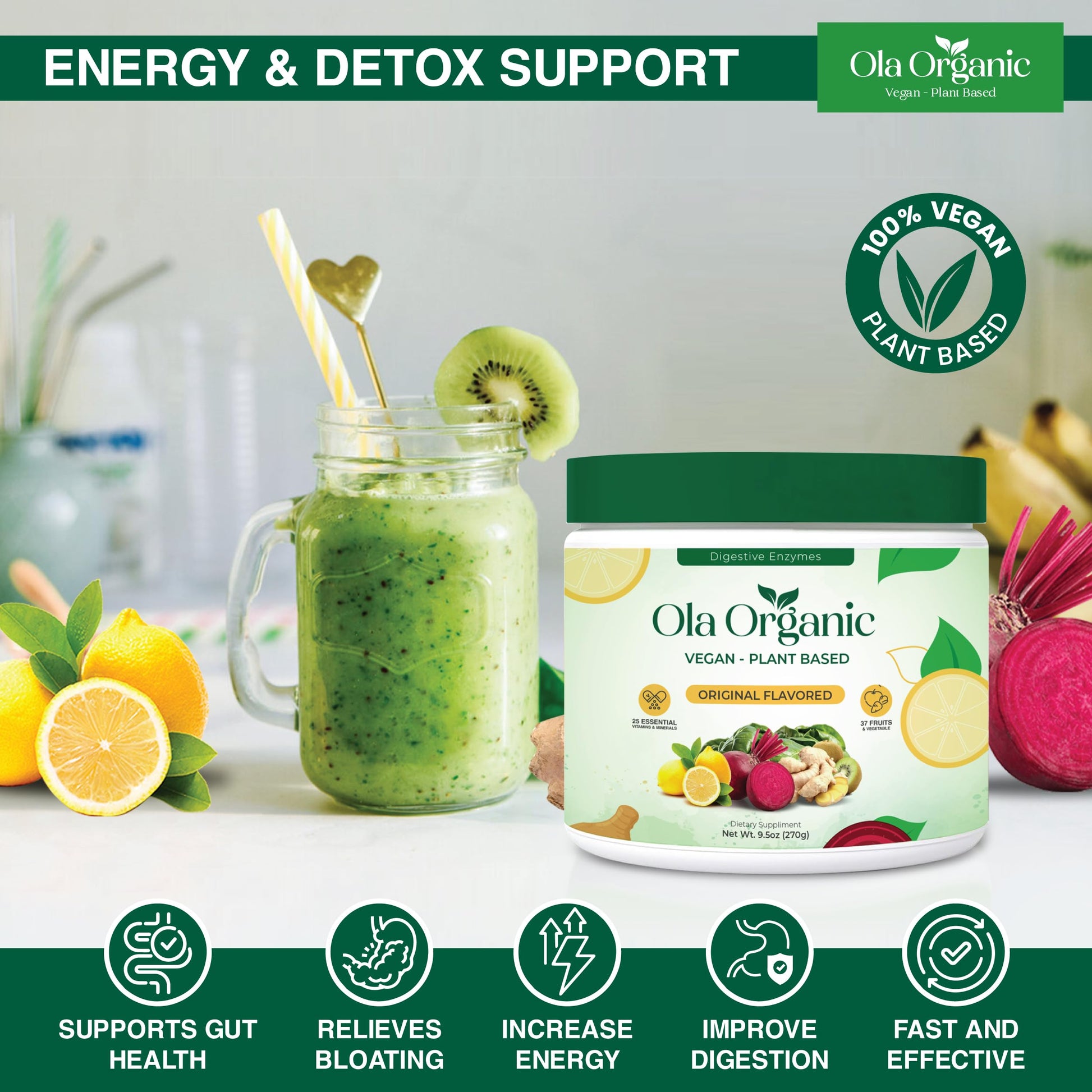 Ola Organic Greens Superfood Powder – Blend of 11 Cruciferous Vegetables with Phytonutrients – Supports Energy, & Immune Health Support – Non-GMO Vegetable Supplement (270g Jar) Ola OrganicBuy Supplements Australia
