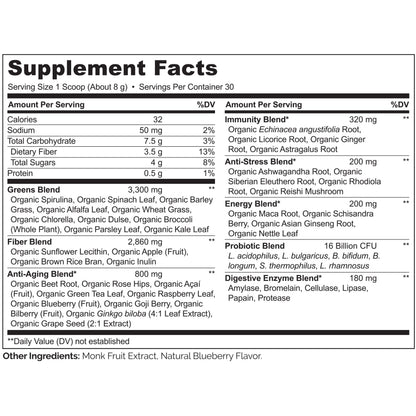 NATURELO Raw Greens Superfood Powder - Wild Berry Flavor - Boost Ener