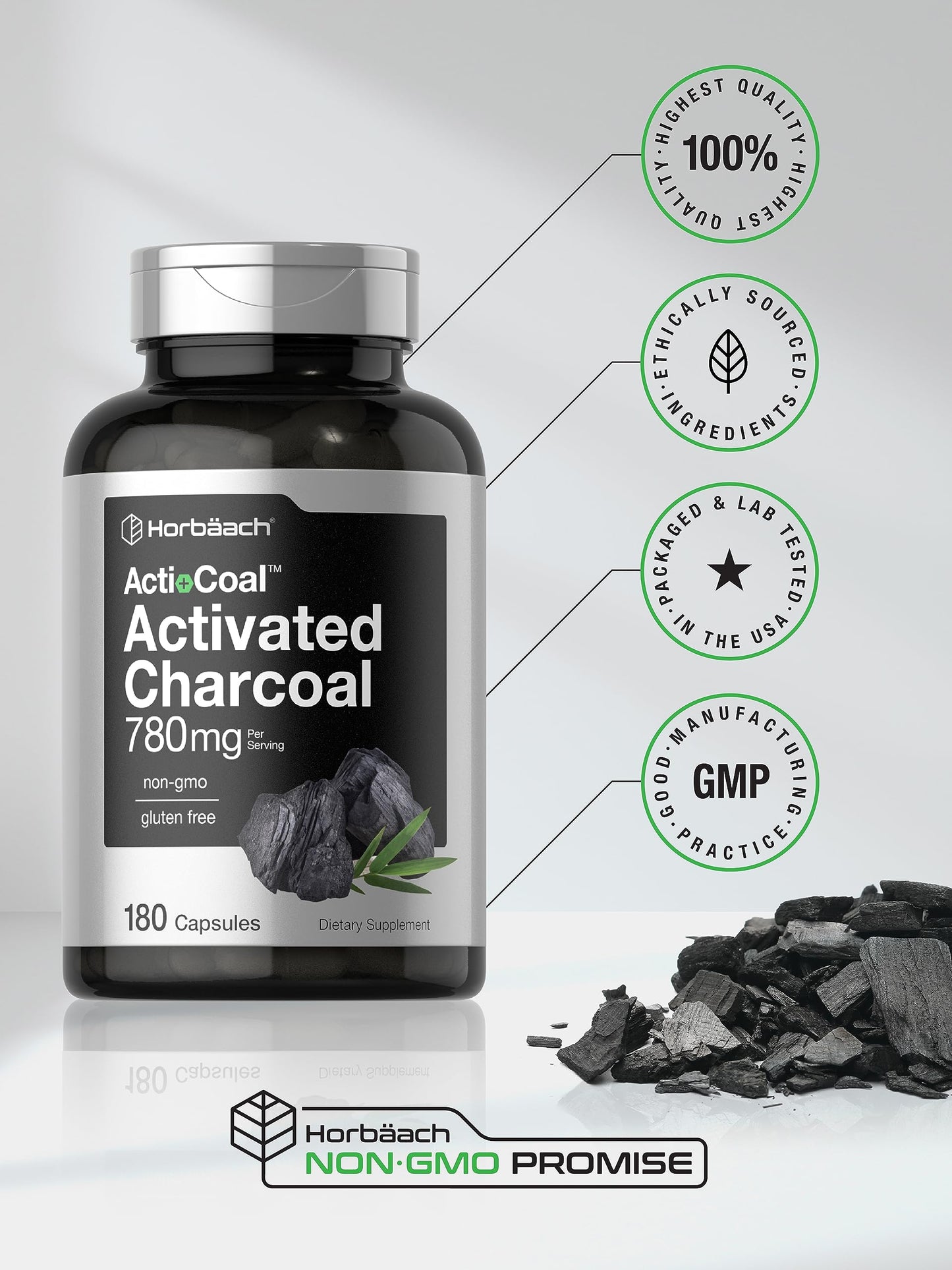 Charcoal Pills 780mg | 180 Capsules | Activated Charcoal from Coconut Shells | Non-GMO HorbäachBuy Supplements Australia