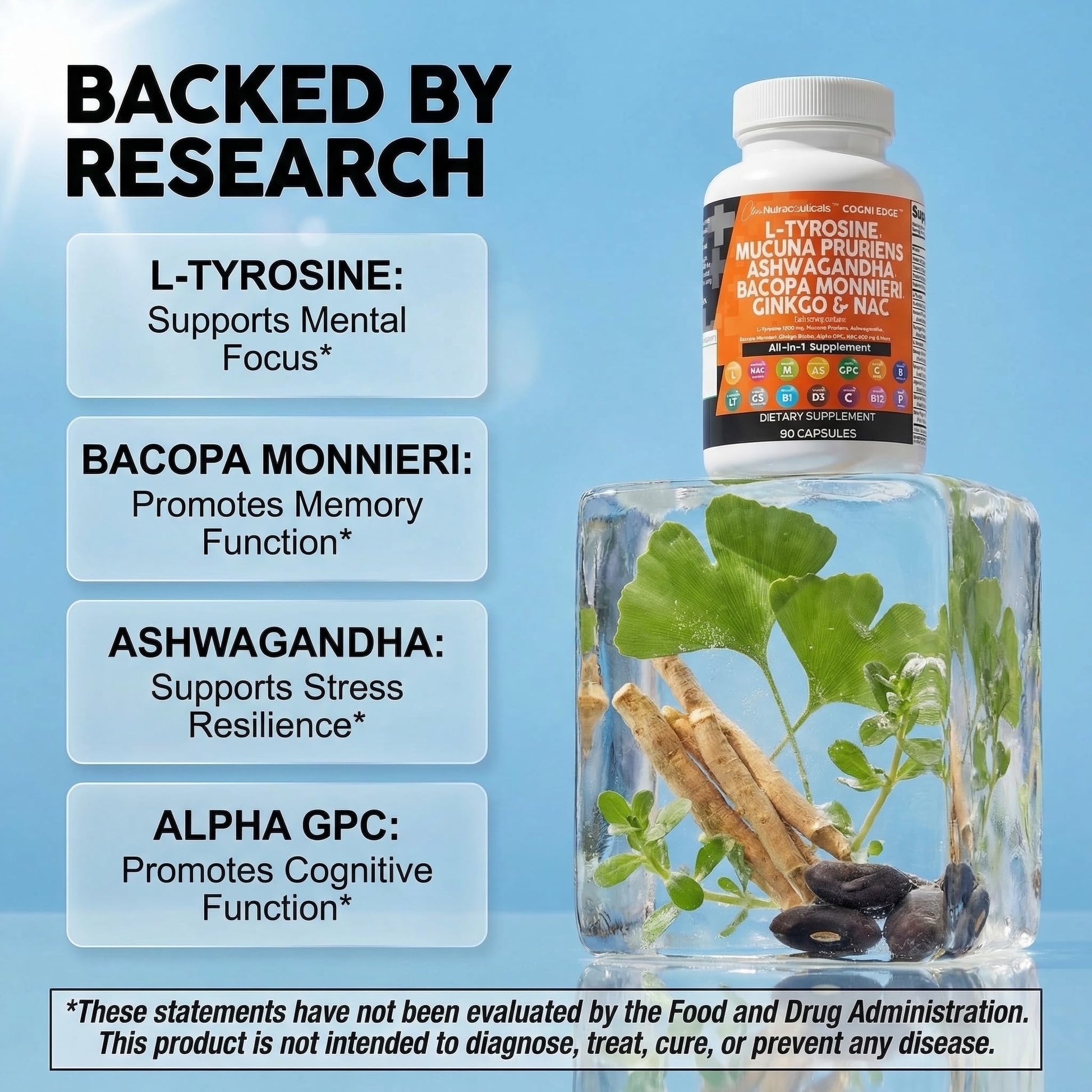 Clean Nutraceuticals L Tyrosine Mucuna Pruriens Bacopa Monnieri Ashwagandha Focus Supplement w/N-Acetyl Cysteine NAC 5-HTP Ginkgo Biloba Alpha GPC Vitamin C D B1 B12 Clean NutraceuticalsBuy Supplements Australia