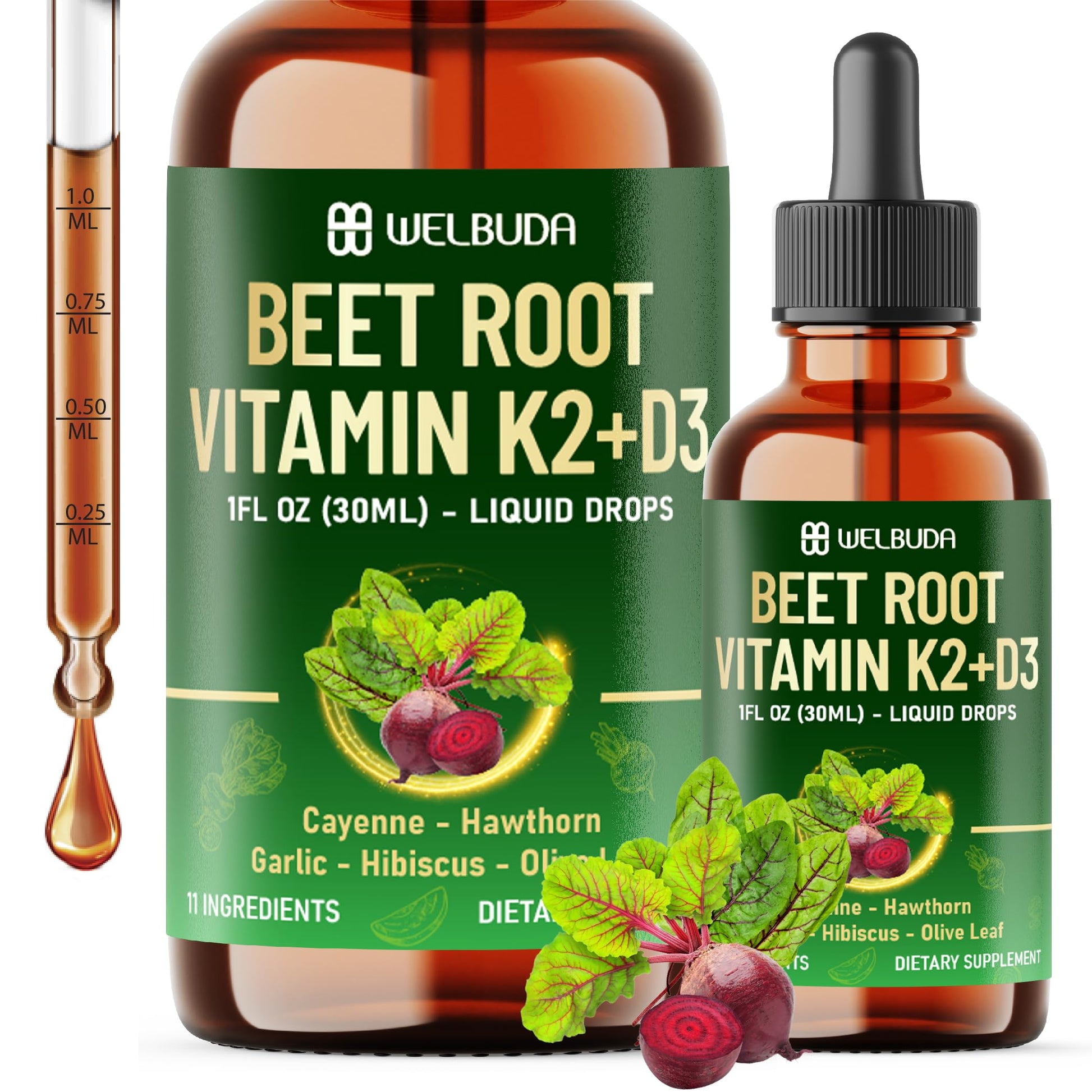 11in1 Beet Root Liquid Supplement - for Support Immune, Energy - with Vitamin D3, Vitamin K2, Hawthorn Berry, Cayenne Pepper, Garlic, Hibiscus, Olive, Red Spinach, Green Tea - 1 FL Oz - 30 Servings WELBUDABuy Supplements Australia