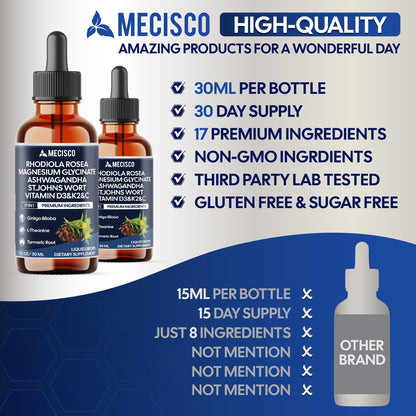 17in1 Rhodiola Rosea Liquid Drops with blend Ashwagandha Magnesium, L-Theanine. Ultra Strength Rhodiola Cortisol Supplement, Rhodiola Root for Support Relaxation, Mood, Energy - 1 FL Oz - 60 Day MeciscoBuy Supplements Australia