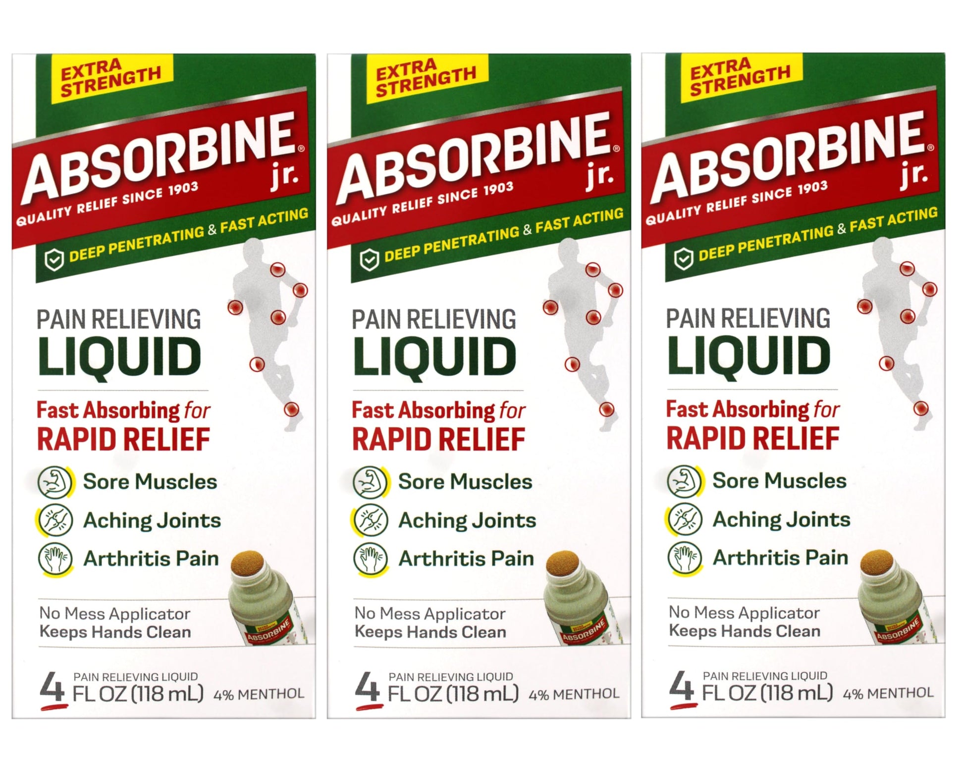 ABSORBINE JR. Extra Strength Pain Relieving Liquid, for Muscle, Joints, Arthritis Pain, with No-Mess Applicator, 4 Oz - 3 Pack AbsorbineBuy Supplements Australia