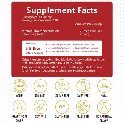 KEN Vitamin D3 K2 with Probiotic for Kids, Sugar-Free Gummies for Calcium Absorption, Bone Support, 5 Billion CFU Probiotics for Gut Balance and Immune Function KEN