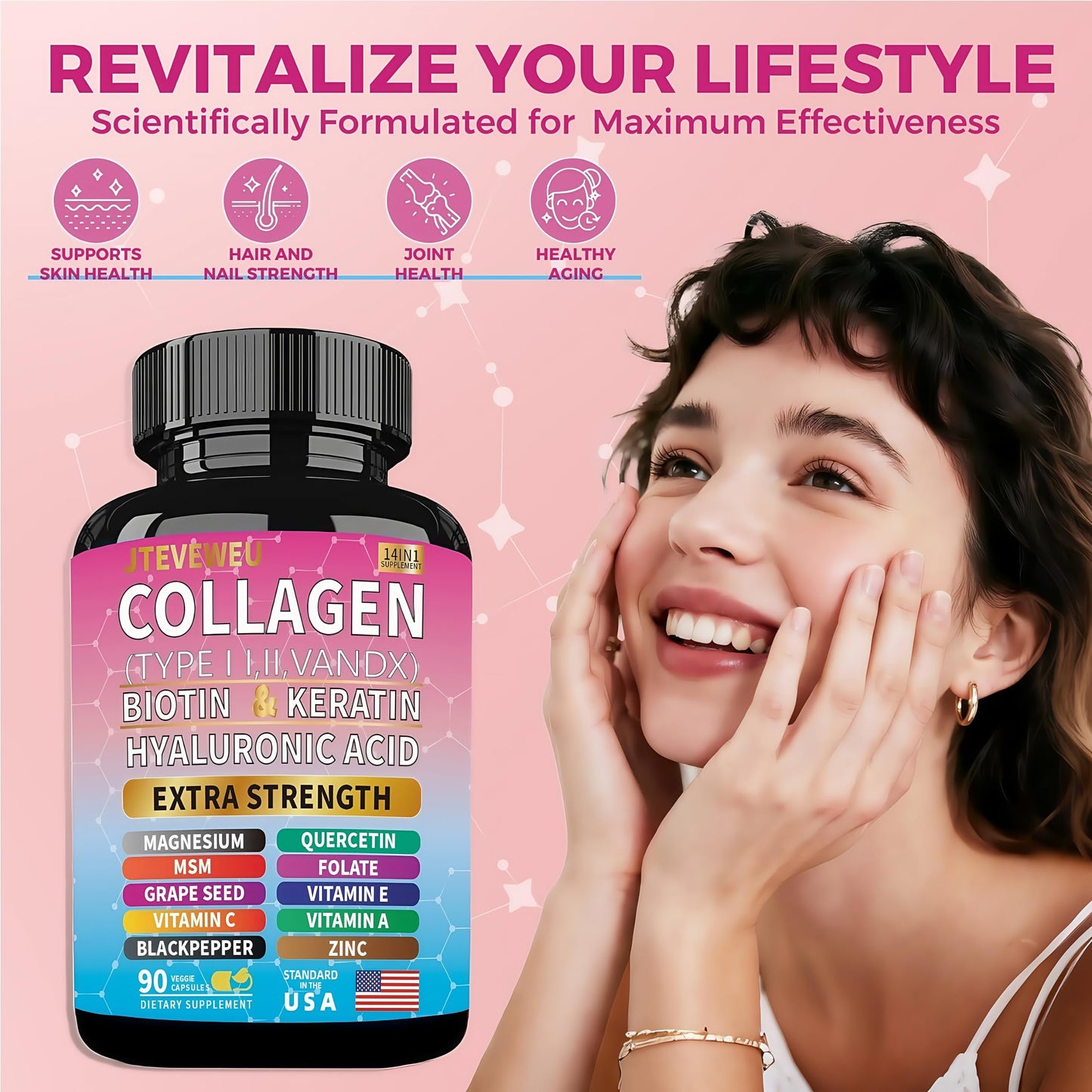 JTEVEweu Collagen Supplement - Type I, II, III, V and X - with Biotin, Keratin, Hyaluronic Acid & 13+ Extra Strength Ingredients - （90 Capsules） JTEVEweuBuy Supplements Australia
