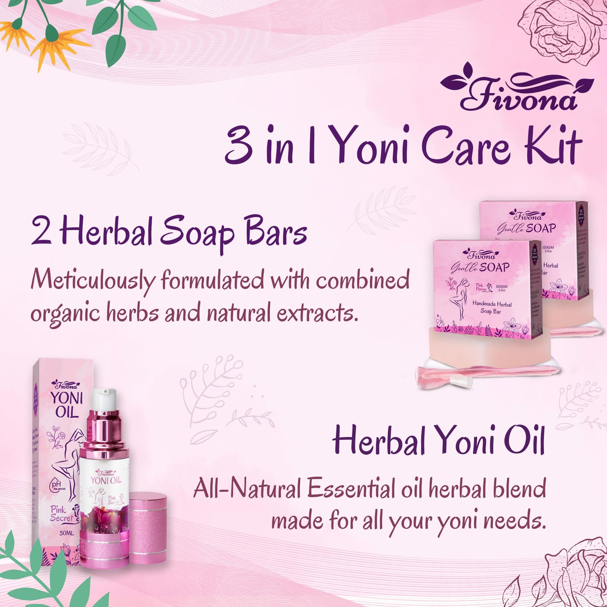 FIVONA 3 in 1 Set of Yoni Oil with 2 Yoni Soap Bars - Feminine pH Balanced Natural Vaginal Oil 30 ml FIVONABuy Supplements Australia