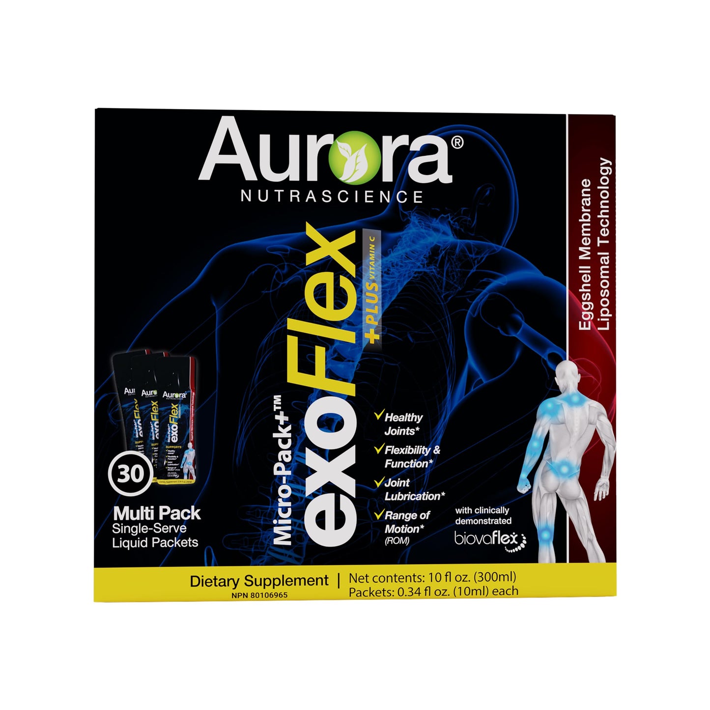 Aurora Nutrascience Micro-Pack Liposomal exoFlex+ - Liquid Vitamin C Supplement, Eggshell Membrane with BiovaFlex, Curcumin, & Boswellia, for Men & Women - 30 Single-Serve Packets Aurora NutrascienceBuy Supplements Australia