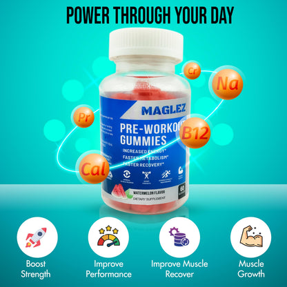 Maglez, Pre Workout Gummies for Men & Women, PreWorkout Gummy with Beta Alanine | Organic Caffeine | Chromium Picolinate | Gluten free, Vegan, increased energy, faster metabolism & recovery (60 gummy)