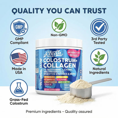Bovine Colostrum Powder + Collagen Peptides with L-Glutamine L-Lysine Prebiotics Probiotics Digestive Enzymes Vitamin D K2 C Quercetin & Folate | Gut Health Supplement Internal Glow By Clean Nutra Clean NutraceuticalsBuy Supplements Australia