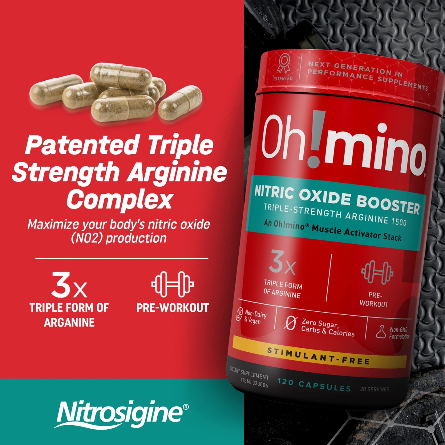 Oh!mino Nitric Oxide Supplement Activator Booster, Triple Strength L-Arginine for Energy, Endurance, Muscle Growth Builder, Pre Post Workout Pills - Natural Beet Root Powder, 30 Servings 120 Capsules