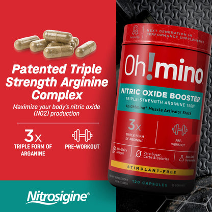 Oh!mino Nitric Oxide Supplement Activator Booster, Triple Strength L-Arginine for Energy, Endurance, Muscle Growth Builder, Pre Post Workout Pills - Natural Beet Root Powder, 30 Servings 120 Capsules
