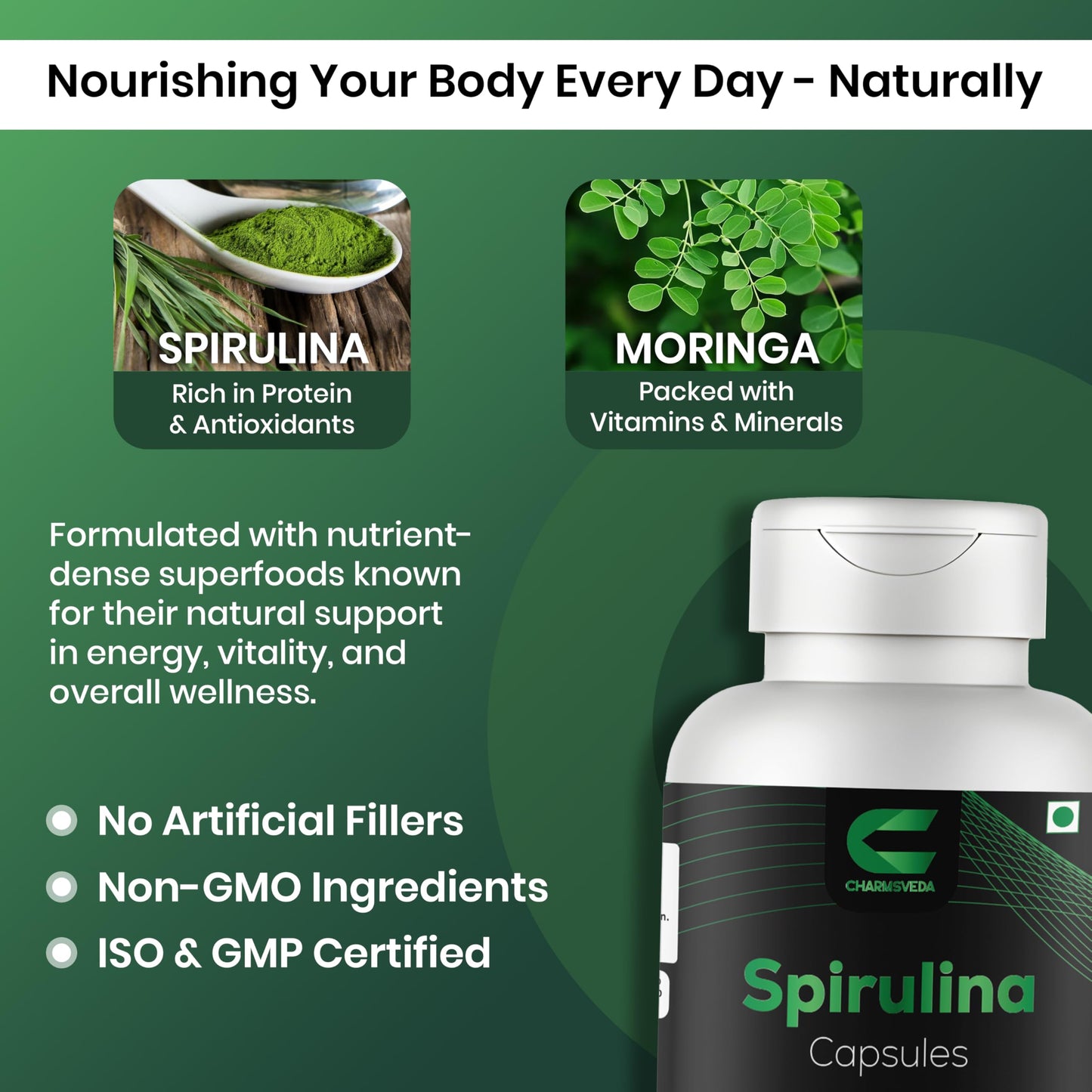 CHARMSVEDA Spirulina Capsules with Moringa – Herbal Immune Support* – 60 Vegan Capsules CHARMSVEDABuy Supplements Australia