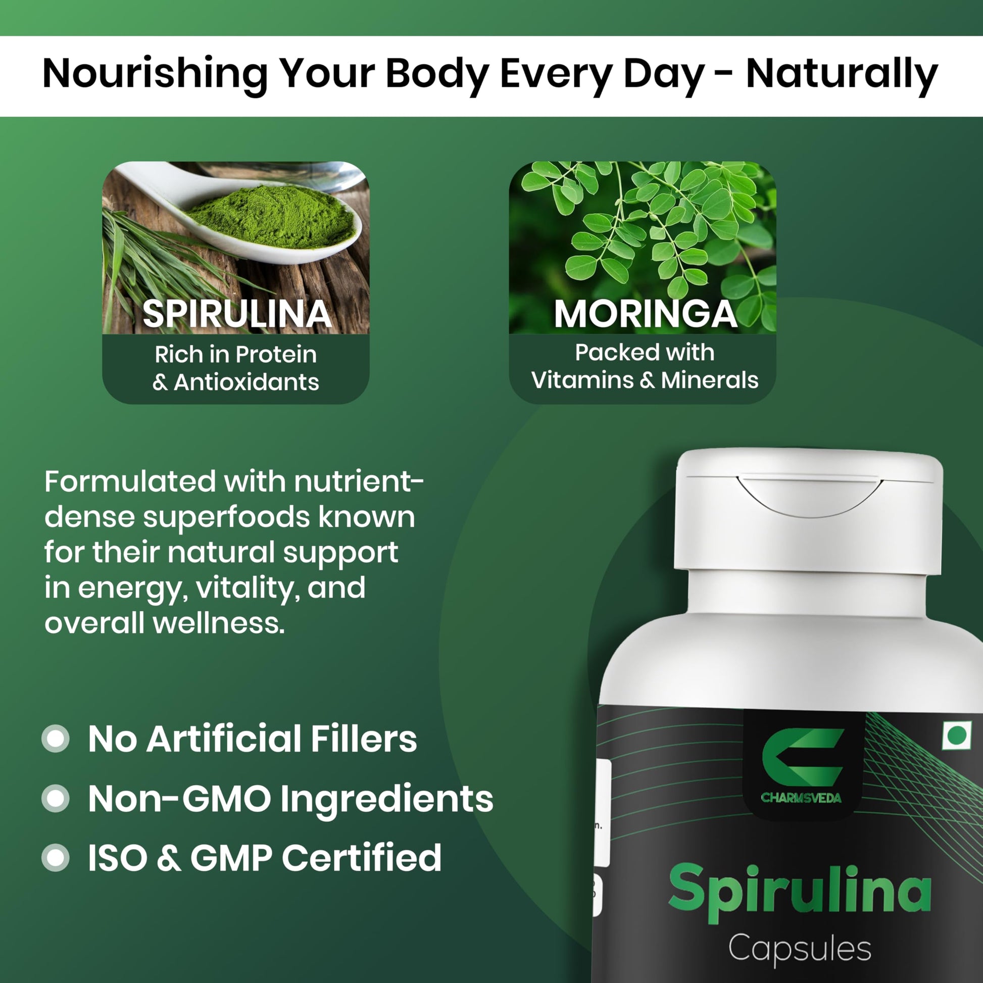 CHARMSVEDA Spirulina Capsules with Moringa – Herbal Immune Support* – 60 Vegan Capsules CHARMSVEDABuy Supplements Australia