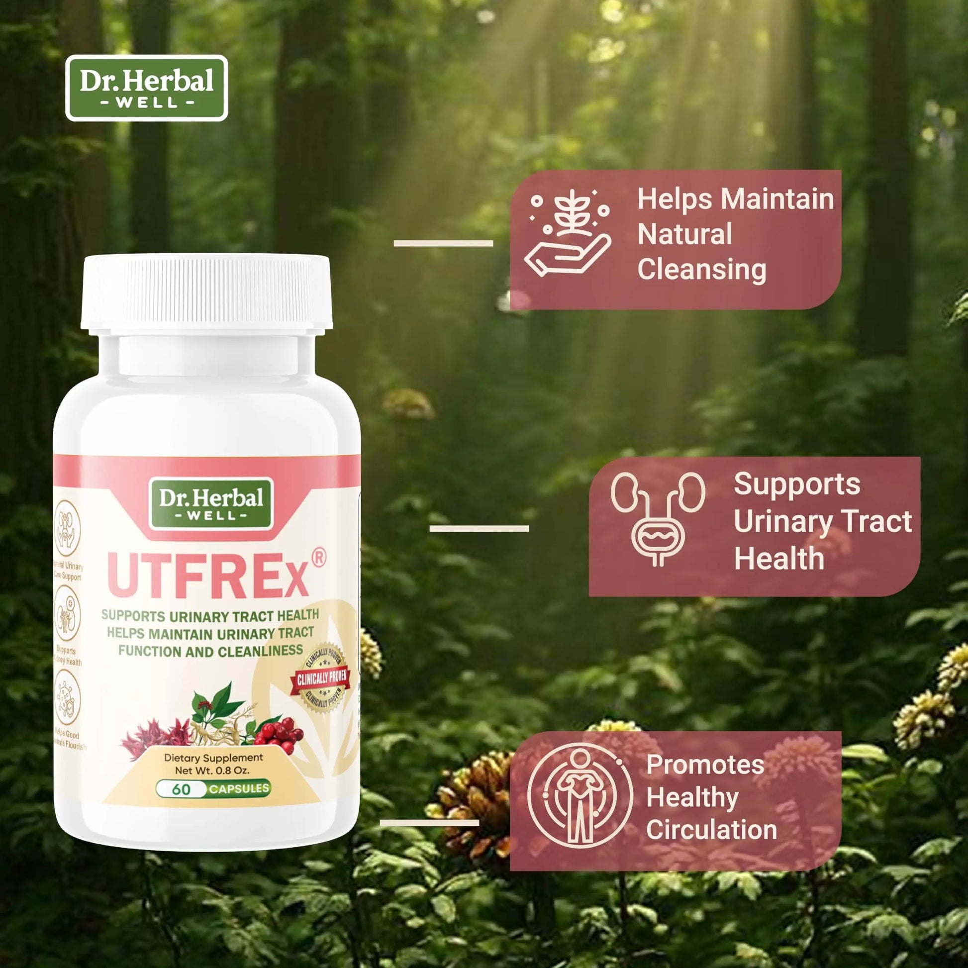 DR. HERBAL WELL UTFREX Clinically Proven Urinary Tract UTI Health Supplement Natural Support Cleanse Flush Protect (No Probiotics & D-Mannose) – 60 Capsules DR. HERBAL WELLBuy Supplements Australia