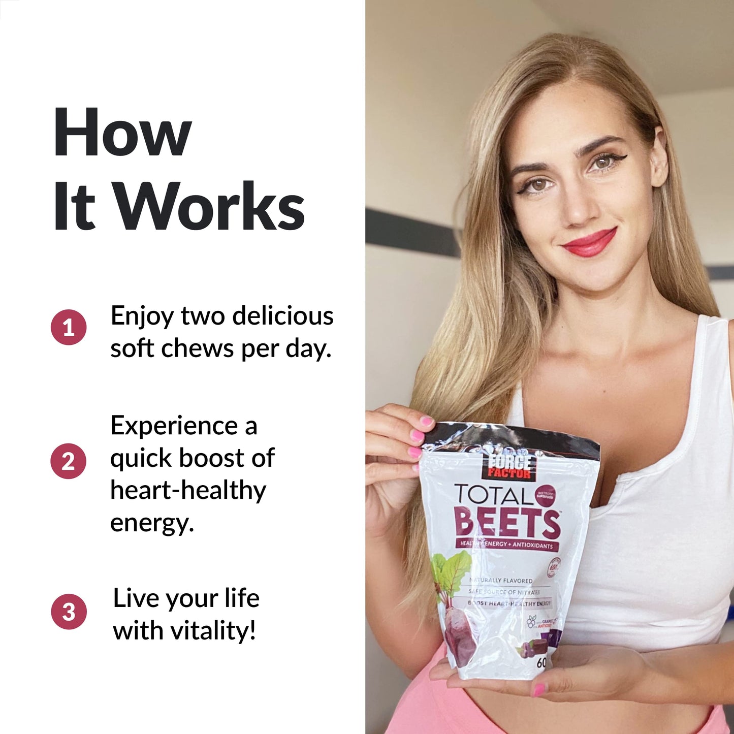 Force Factor Total Beets Soft Chews with Beetroot, Nitrates, L-Citrulline, Grapeseed Extract Force FactorBuy Supplements Australia