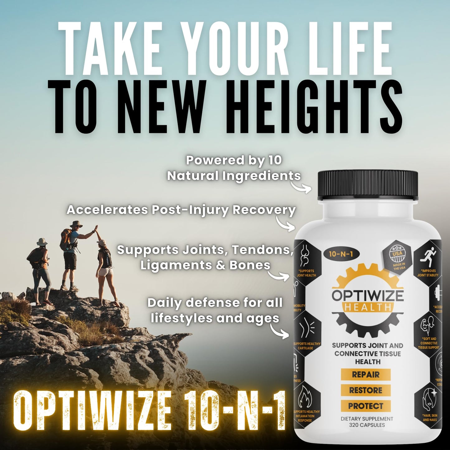OptiWize 10-N-1 Joint Support Hydrolyzed Collagen,MSM, Hyaluronic Acid, Glucosamine,Chondroitin & More- Targets Joint Discomfort,