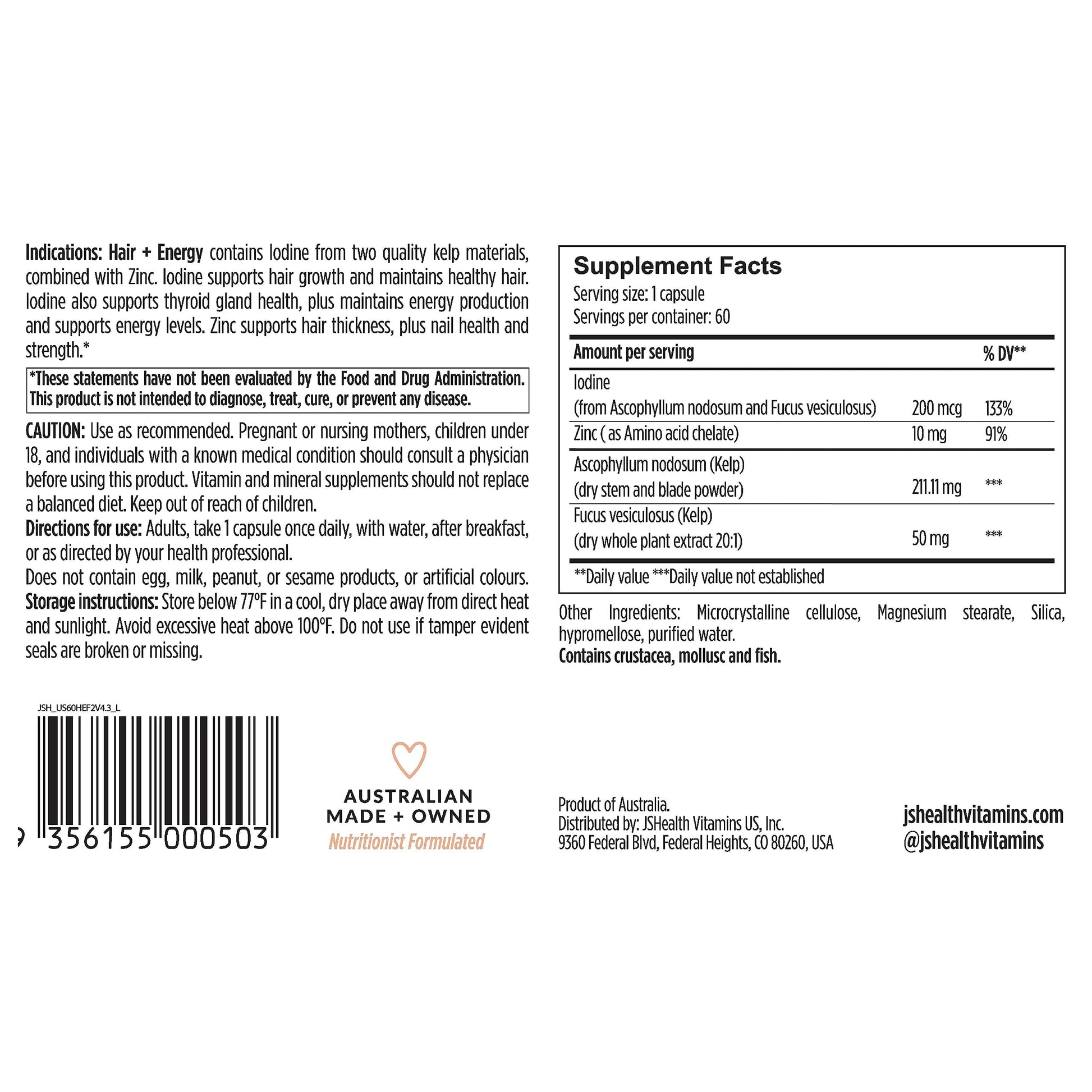 JSHealth Hair Growth Vitamins for Women. Hair + Energy with Kelp Iodine and Zinc. Supports Thickness, Strength, Energy. Nutritionist-Formulated (60 Capsules) JSHealthBuy Supplements Australia