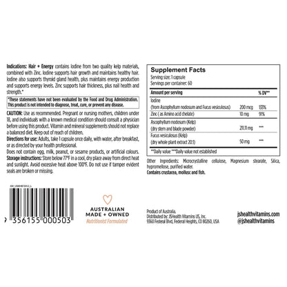 JSHealth Hair Growth Vitamins for Women. Hair + Energy with Kelp Iodine and Zinc. Supports Thickness, Strength, Energy. Nutritionist-Formulated (60 Capsules) JSHealthBuy Supplements Australia
