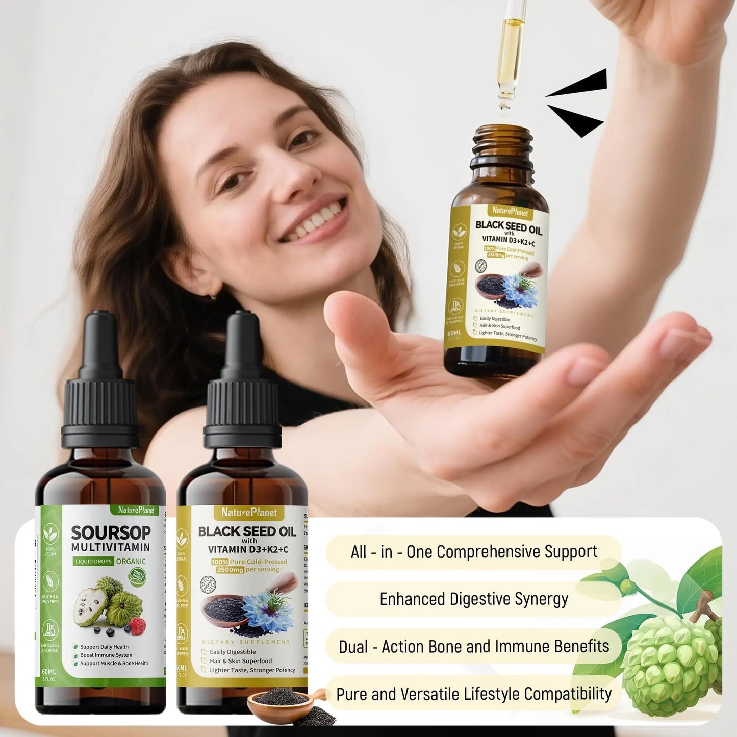 NaturePlanet Organic Soursop Bitters and Black Seed Oil Drops Bundles with Vitamins D3, K2, B6, C | NaturePlanet