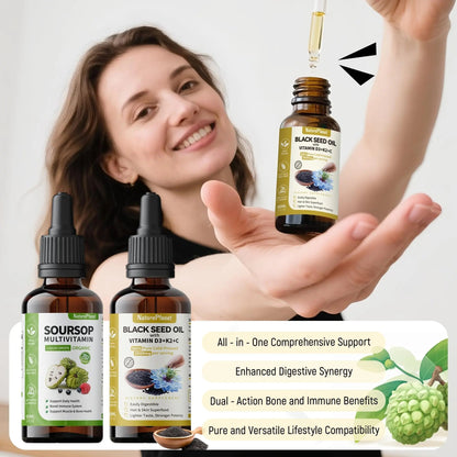 NaturePlanet Organic Soursop Bitters and Black Seed Oil Drops Bundles with Vitamins D3, K2, B6, C | NaturePlanet
