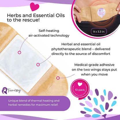 Heat Patches for Menstrual Cramps Based on Flow Strength, 10 Period Patches for Weak & Normal Flow & 1 Single Patch with Natural Herbs & Oils; Disposable Stick On Heating Pads Cramp-Free Period FemissyBuy Supplements Australia