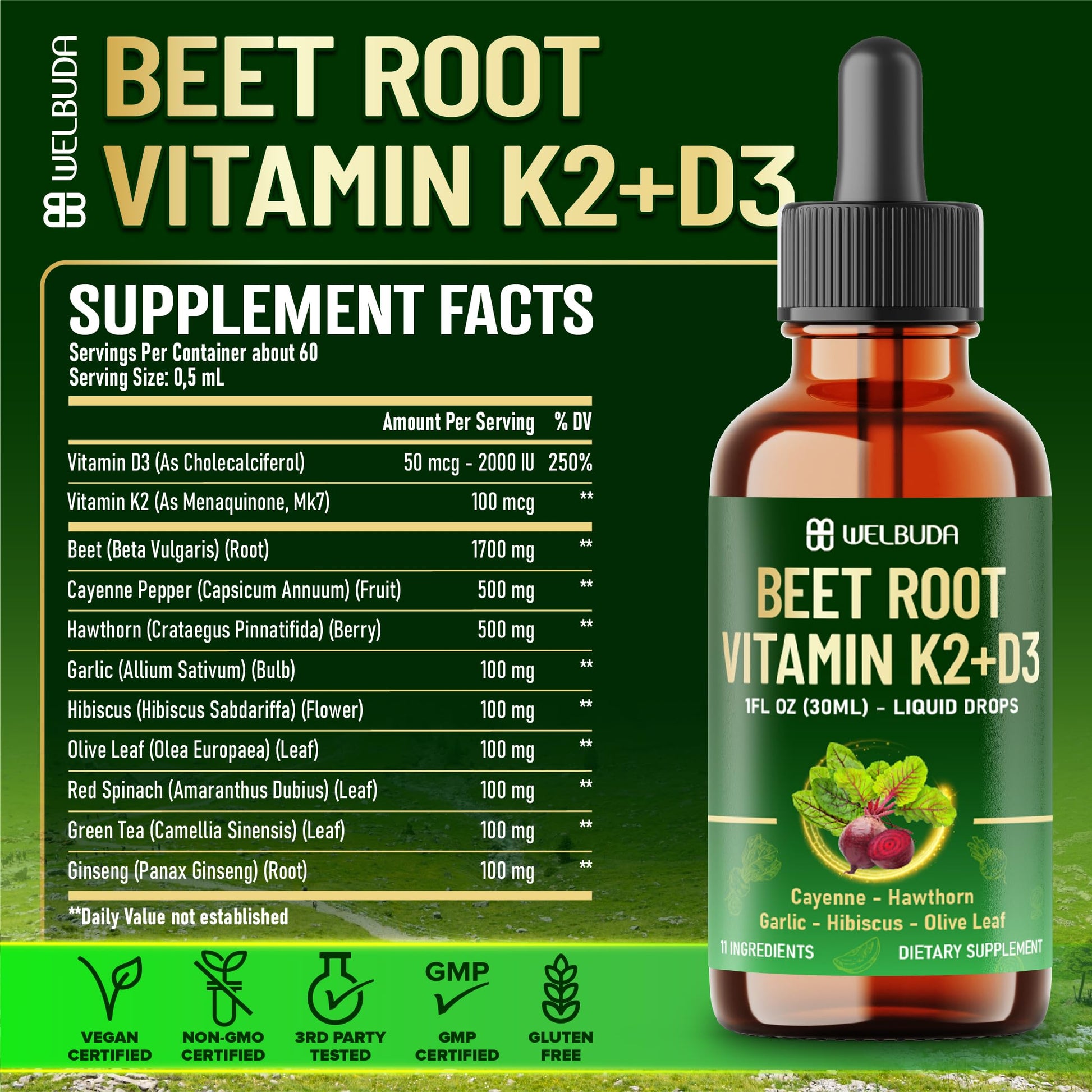 11in1 Beet Root Liquid Supplement - for Support Immune, Energy - with Vitamin D3, Vitamin K2, Hawthorn Berry, Cayenne Pepper, Garlic, Hibiscus, Olive, Red Spinach, Green Tea - 1 FL Oz - 30 Servings WELBUDABuy Supplements Australia