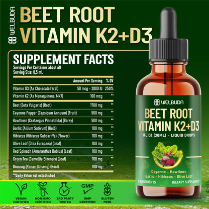 11in1 Beet Root Liquid Supplement - for Support Immune, Energy - with Vitamin D3, Vitamin K2, Hawthorn Berry, Cayenne Pepper, Garlic, Hibiscus, Olive, Red Spinach, Green Tea - 1 FL Oz - 30 Servings WELBUDABuy Supplements Australia