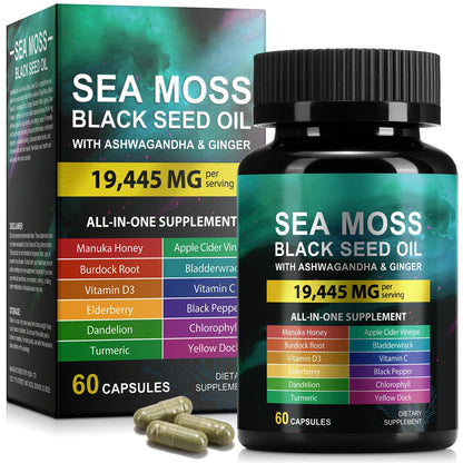 Sea Moss Black Seed Oil Ashwagandha Ginger Capsules, Seamoss Capsules Supplement with Bladderwrack Burdock & Vitamin C Vitamin D3 for Women & Men-Enhanced Immunity,60 Counts VceeoyBuy Supplements Australia