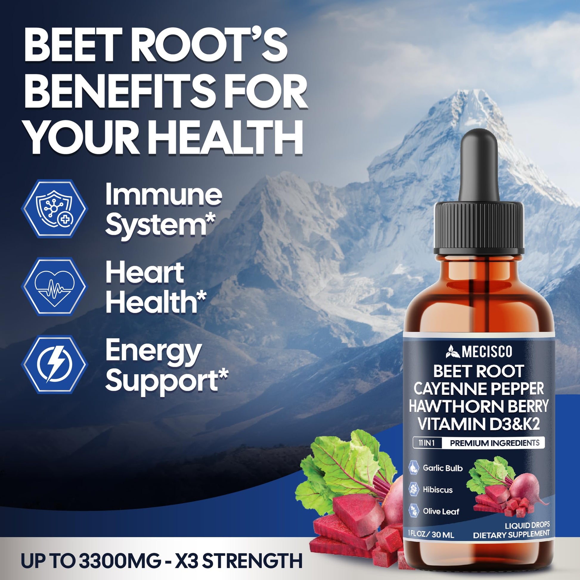 11in1 Beet Root Liquid Drops - Support Overall Wellness - with Vitamin D3, Vitamin K2, Hawthorn Berry, Cayenne Pepper, Garlic, Hibiscus, Olive, Red Spinach, Green Tea - 1 FL Oz - 60 Day Supply MeciscoBuy Supplements Australia
