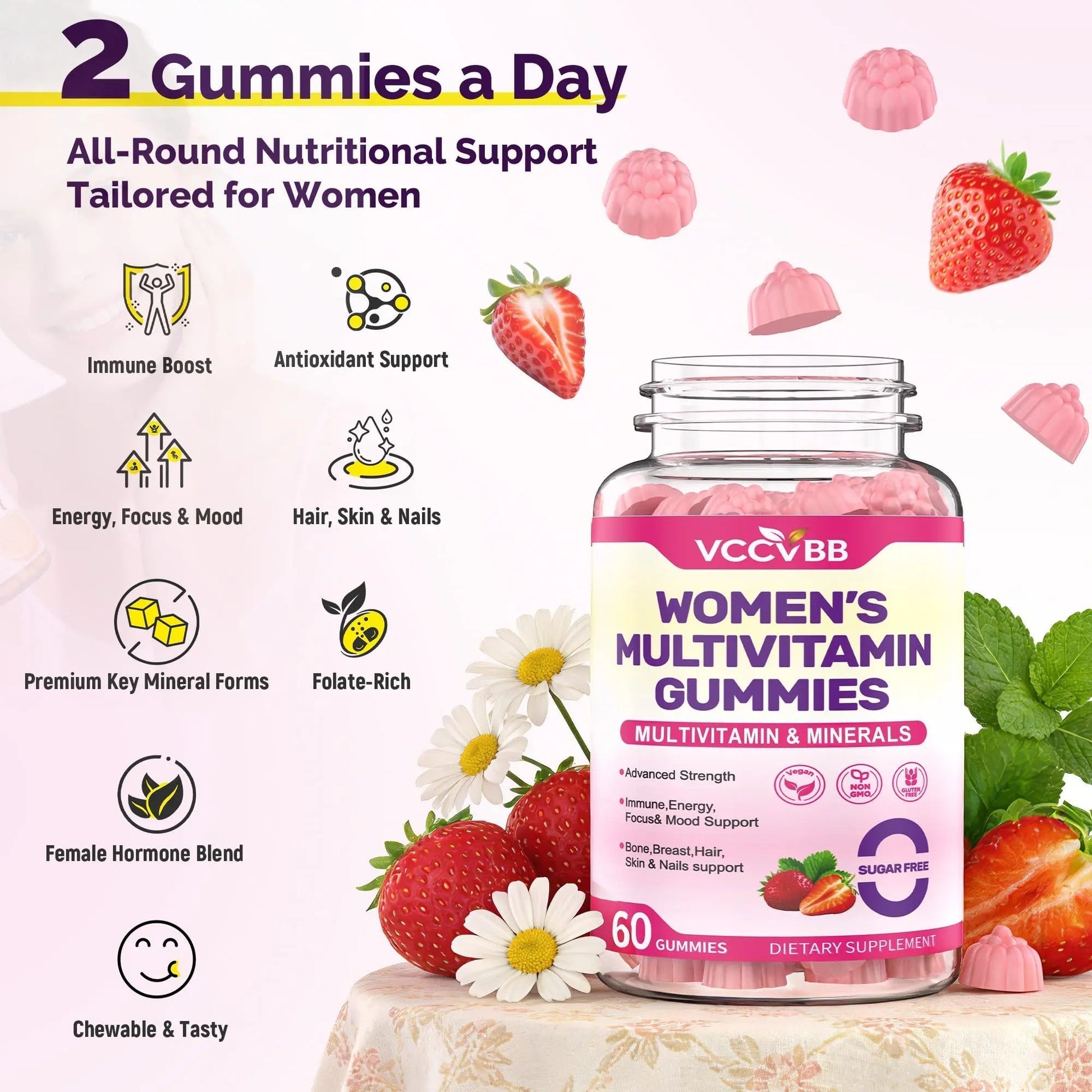 VCCVBB All-in-One Women's Multivitamin Gummies with Complete Vitamin & Mineral Complex, Herbal Blends for Energy, Overall Health VCCVBB