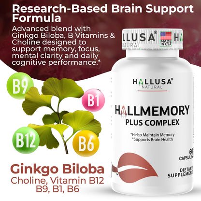 Hallusa Natural Brain Health Supplement Capsules 1680mg, Ginkgo Biloba, B Vitamins & Choline, Memory & Focus Support, Brain Booster for Men & Women, 60 Count Hallusa NaturalBuy Supplements Australia