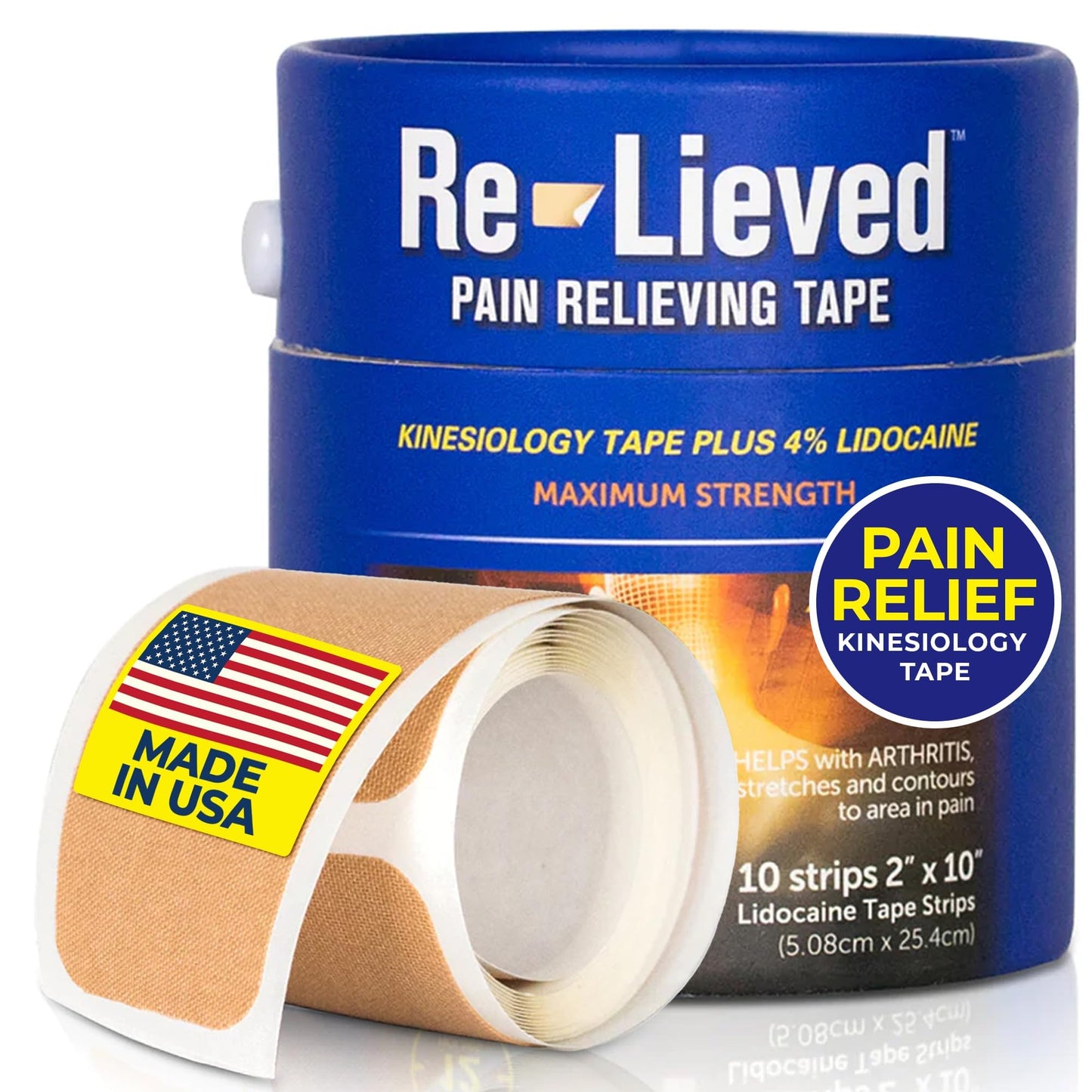 4% Lidocaine Maximum Strength Pain Relief Kinesiology Tape - Relieves Back, Joints and Muscle Pains - Superior Sticking, Aluminum-Free Water Resistant, and USA Made - 2" x 10" Strips Re-lievedBuy Supplements Australia