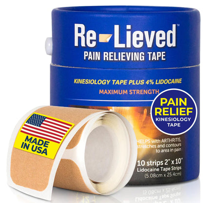 4% Lidocaine Maximum Strength Pain Relief Kinesiology Tape - Relieves Back, Joints and Muscle Pains - Superior Sticking, Aluminum-Free Water Resistant, and USA Made - 2" x 10" Strips Re-lievedBuy Supplements Australia