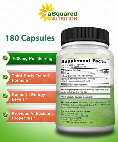 aSquared Nutrition Garcinia Cambogia 1600mg-180 Capsules-Natural Pure Extract Pills aSquared NutritionBuy Supplements Australia