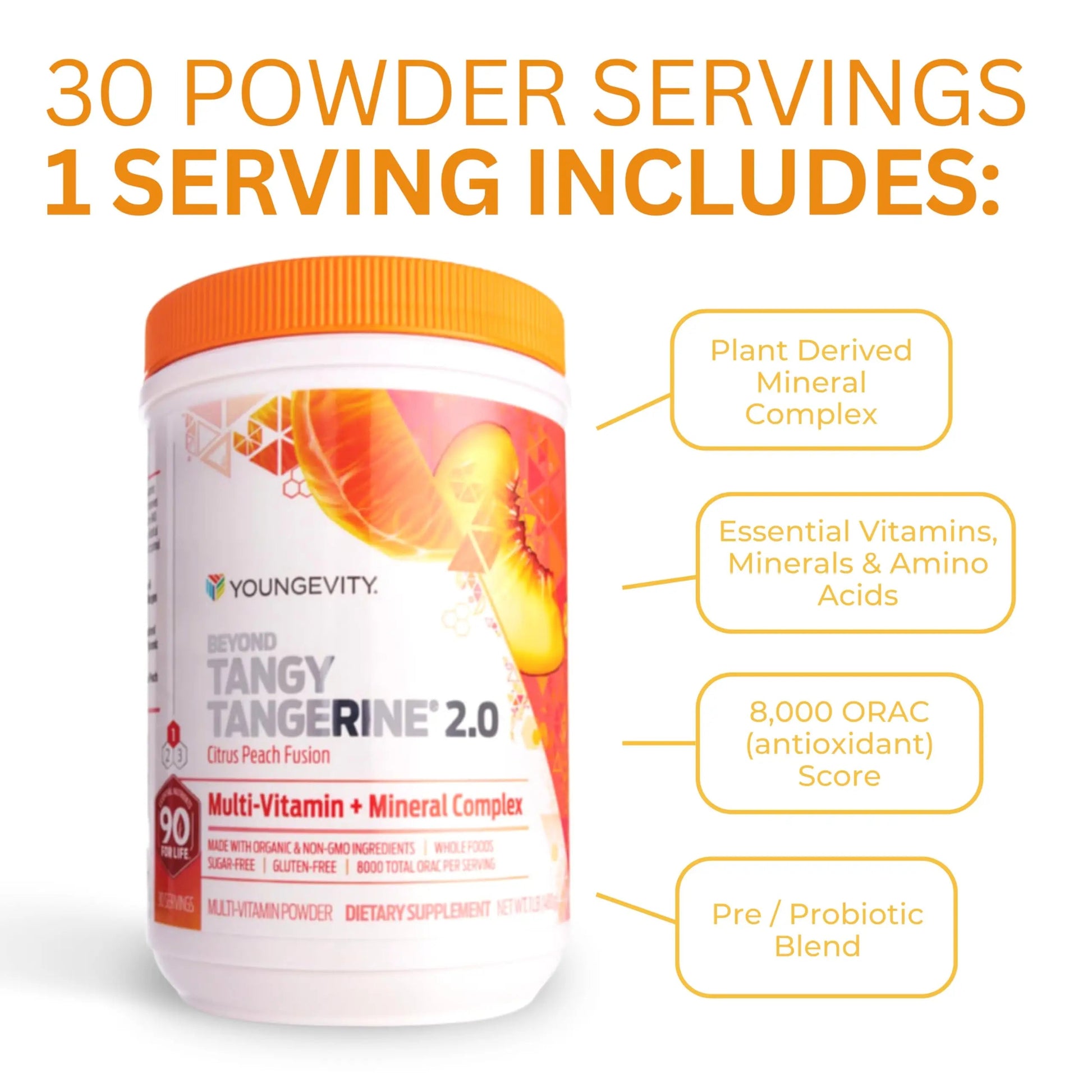 Youngevity Beyond Tangy Tangerine 2.0 Citrus Peach Ultimate Multi-Vitamin & Mineral Complex - Made with Natural & Whole Foods | 8,000 ORAC | 2 Canisters Youngevity