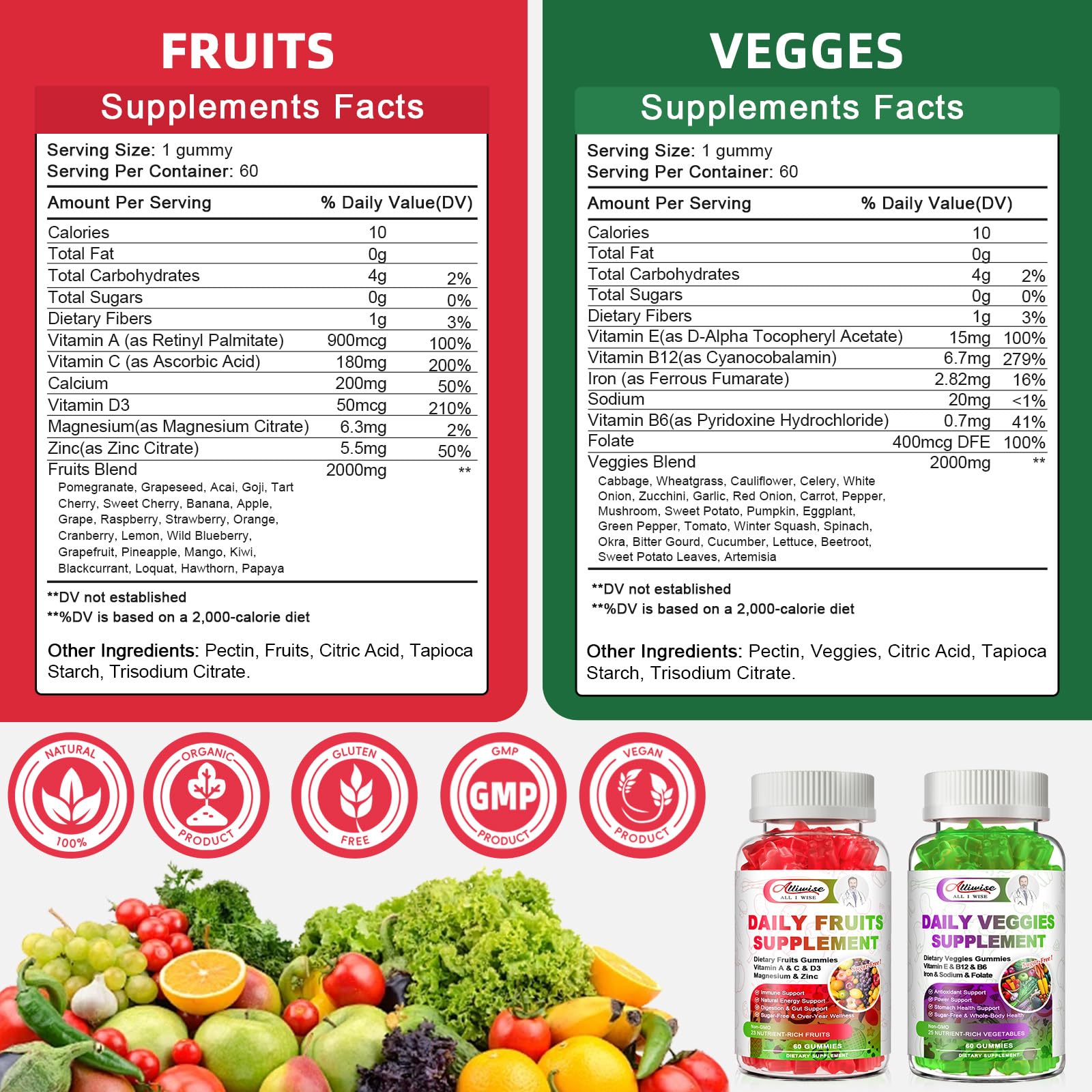 Sugar-Free Fruits & Veggies Gummies, Super Greens with 23 Fruits & 25 Veggies, Multivitamin Minerals & Fiber, Vegan Fruit & Vegetable Supplement for Adults, 120 Gummies, 2 Month Supply AlliwiseBuy Supplements Australia