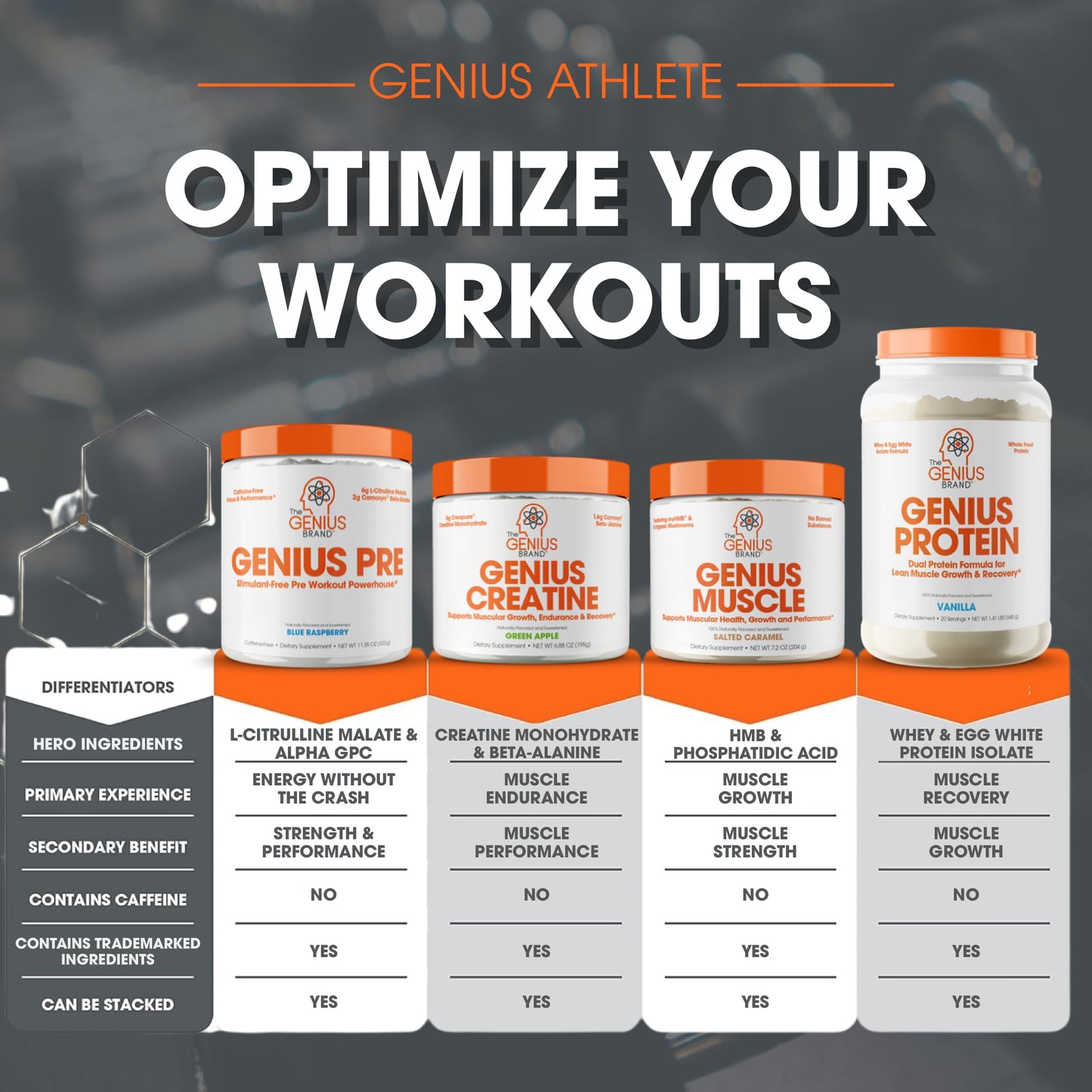 Genius Pre Workout Powder, Sour Apple, and Genius Micronized Creatine Monohydrate Powder, Unflavored, All Natural Nootropic Pre Workout and Post Workout Supplement Stack