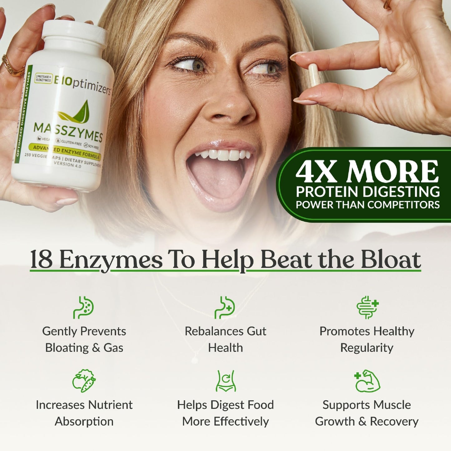 BIOptimizers MassZymes - Complete Digestive Enzymes Supplement for Gut Health - Bloating Relief for Men and Women - Lipase Amylase Bromelain Digestive Enzymes (30 Capsules)