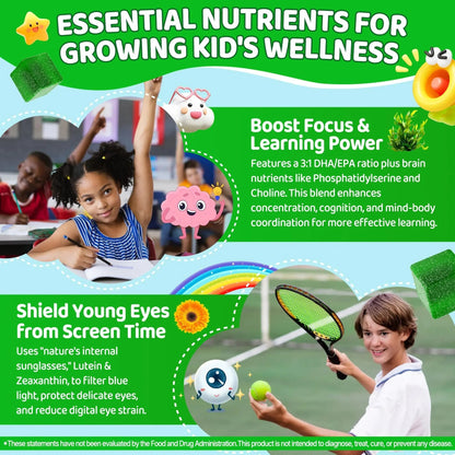 Kids Super Greens Gummies, w/Multivitamins, Spirulina, Chlorella, Spinach, Broccoli, Calcium, Omega-3 (DHA/EPA) EnvyCure